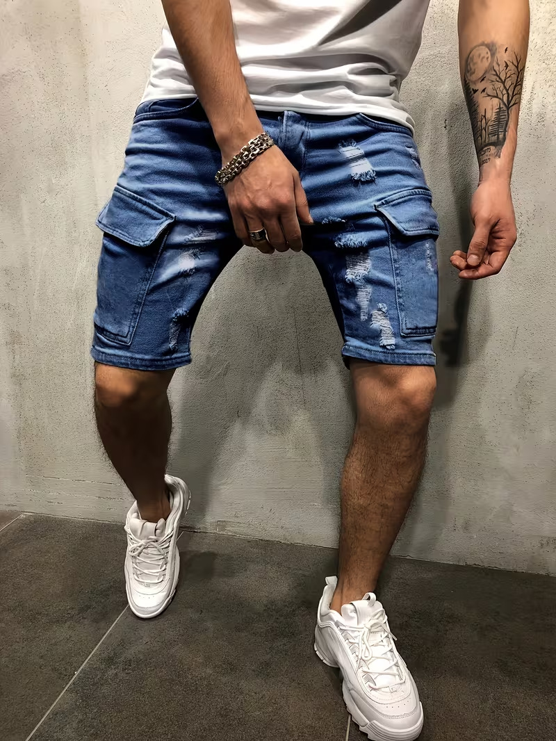 Men's Ripped Denim Shorts, Summer Stretch Cotton Cargo Shorts With Side Pockets, Slim Fit Casual Streetwear Style_viptrois.com