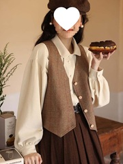英伦学院风西装衬衫女春秋短款格子休闲小背心马甲半身裙套装女