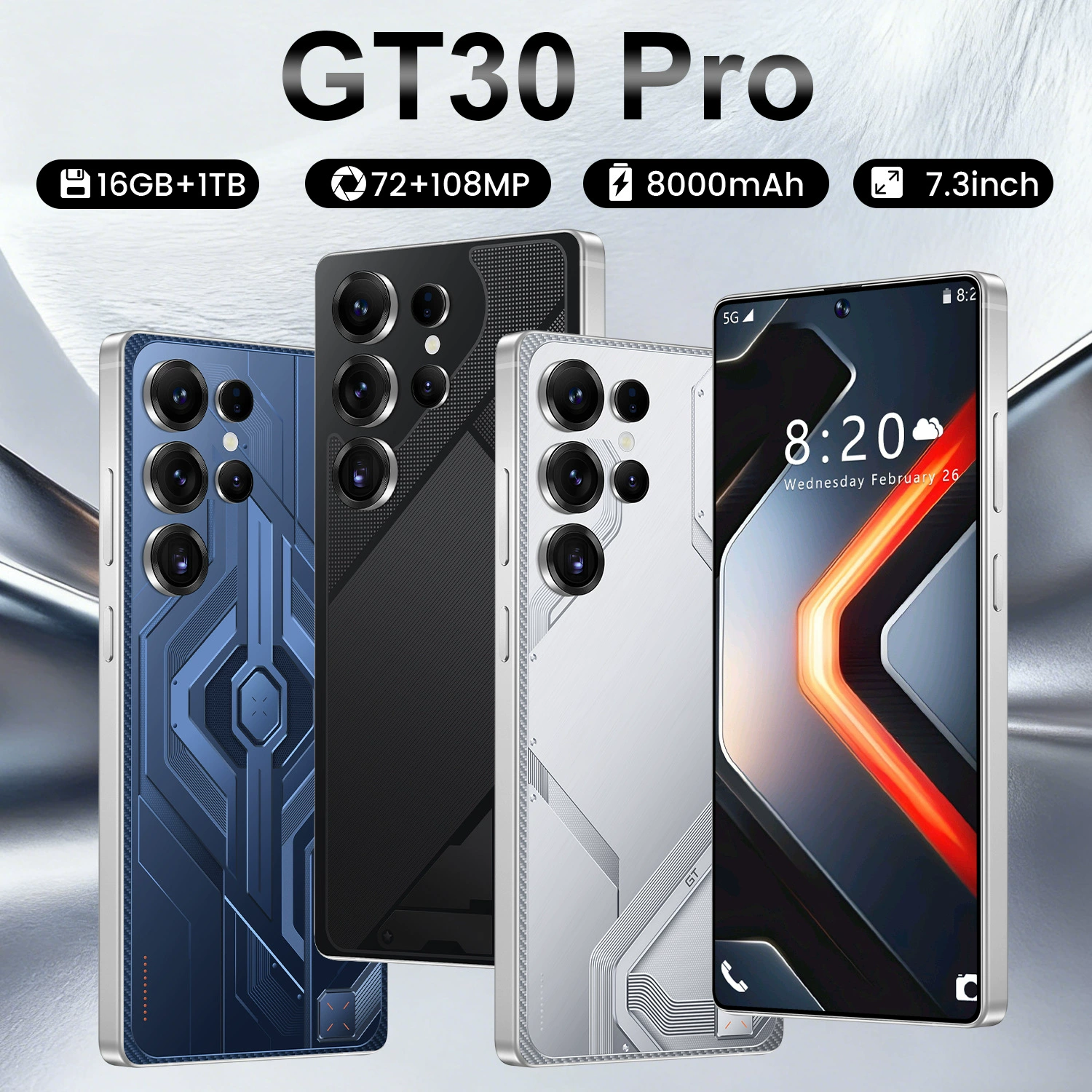 Смартфон GT30Pro, Android 14, 7,3″ сенсорный экран, 6800 мАч, 16 ГБ + 1 ТБ