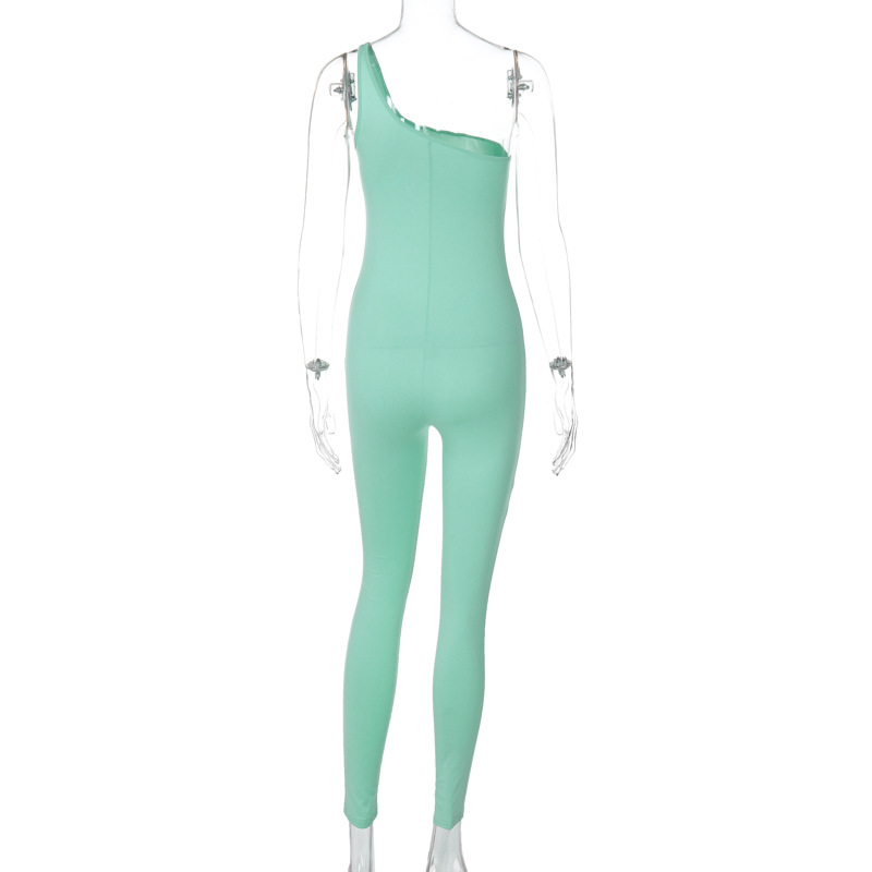 Spring Women Clothing Solid Color One Shoulder Slim Fit Hip Raise Sports Fitness Jumpsuit Women