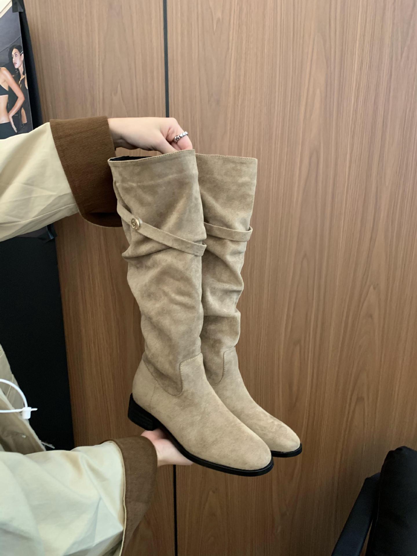 ShoeVault 2024 Chunky Heel Retro Fleece-Lined Coffee Color Riding French Style Slim Bare Autumn Winter Women's Over-the-Knee Boots_voghion.com
