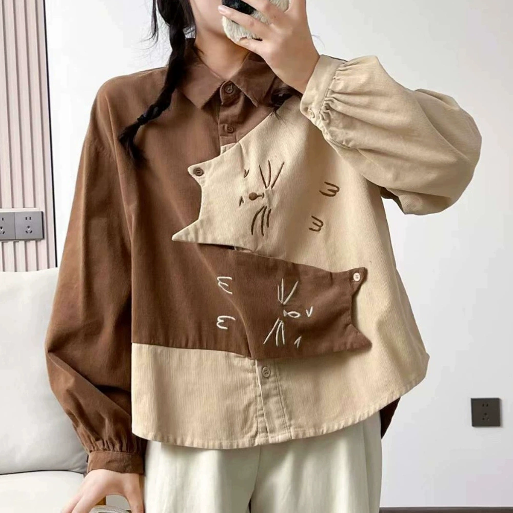 Вельветовая рубашка с героями мультфильмов, женская рубашка с длинными рукавами на весну и осень, новая японская милая рубашка со свободным низом, топы оптом