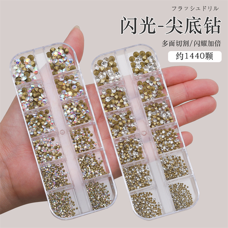 Joyas japonesas de diamantes de fondo puntiagudo de uñas de 12 cuadros Wen Wizard con el mismo estilo de diamantes de imitación de vidrio AB transparente decoración de diamantes de pila de uñas