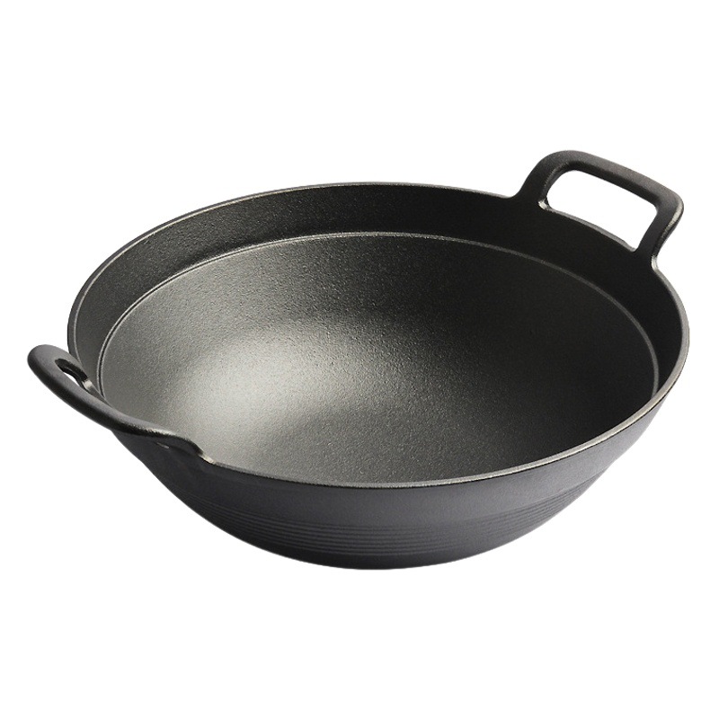 Pequeña felicidad hierro fundido antiguo profundización wok integrado sin recubrimiento olla de hierro puro hogar doble oreja fondo redondo wok grande