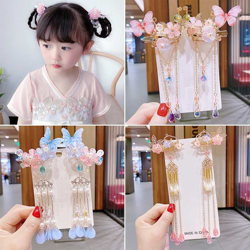 Hanfu Ancient Costume Headdress Accessories Antique Children Barrettes Cute Girl Tassel Butterfly Hairpin Super Fairy a Pair of Hairclips Hair Accessories