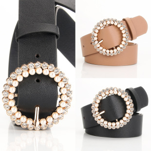 Elegant fashion lady PU belt pearl alloy buckle intellectual atmosphere multi -choice decorative dress belt