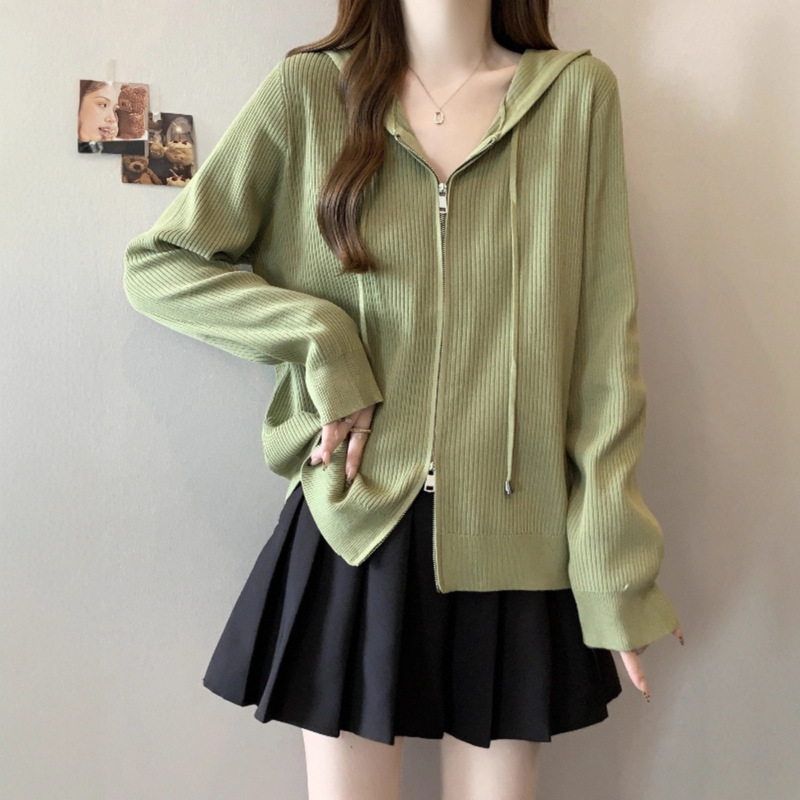 Hooded Knitted Cardigan Sweater Jacket for Women Spring & Fall 2025 New Large Size mm High-End Right Shoulder Double Zipper Top