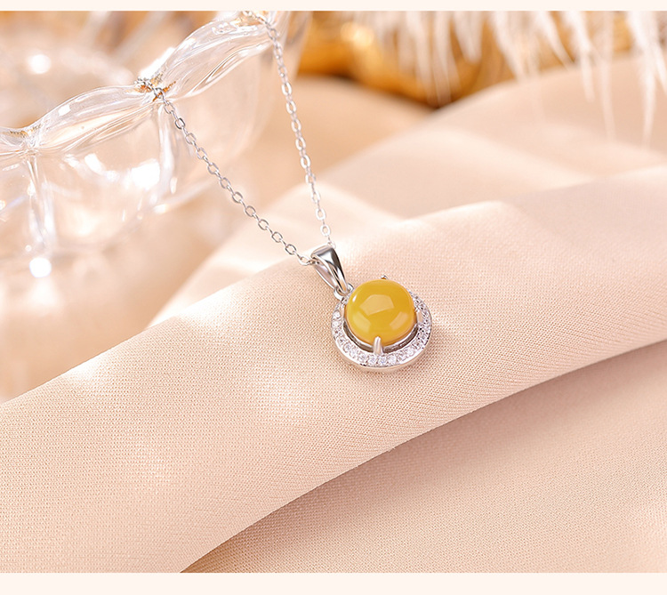 Mặt dây chuyền bạc S925 mạ vàng sáp ong viền zircon hình tròn phong cách hoang dã — Bạc (mặt dây chuyền đơn) chi tiết 4