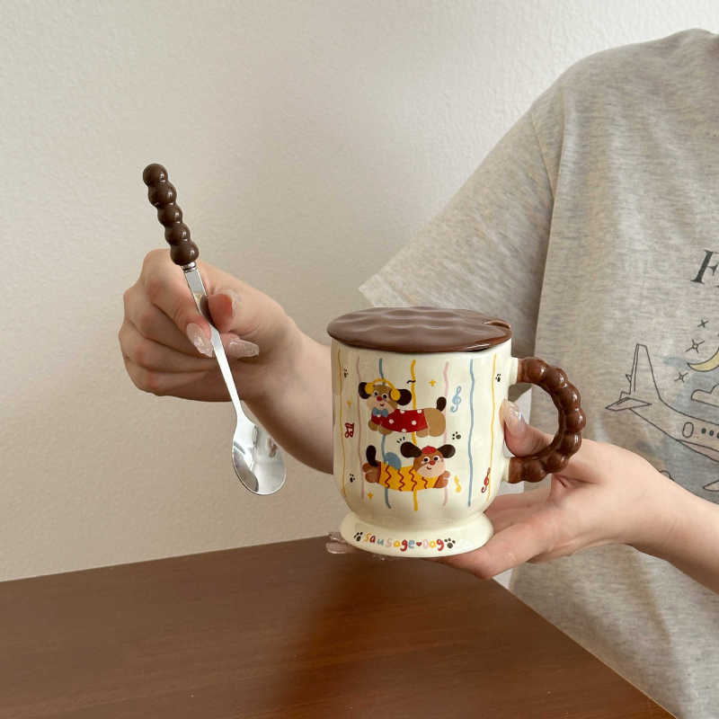 かわいいダックスフントセラミックマグ蓋スプーン付き家庭用飲料朝食コーヒーミルクカップ実用的な誕生日プレゼント|undefined
