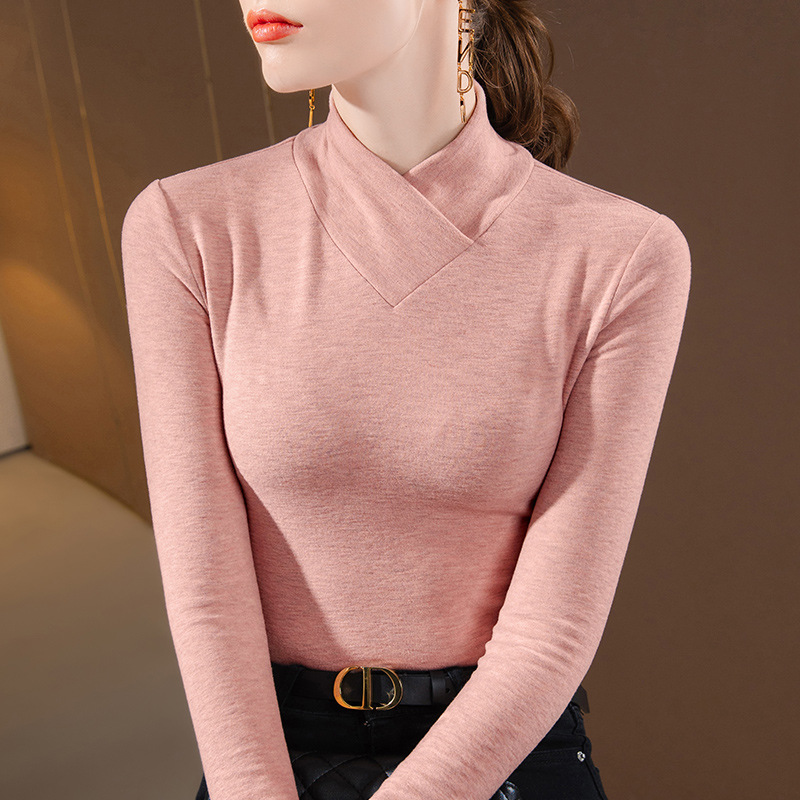 Camisa de fondo de terciopelo de seda de cuello medio alto para mujer 2024 otoño e invierno nuevo estilo de manga larga caliente y camisa ajustada
