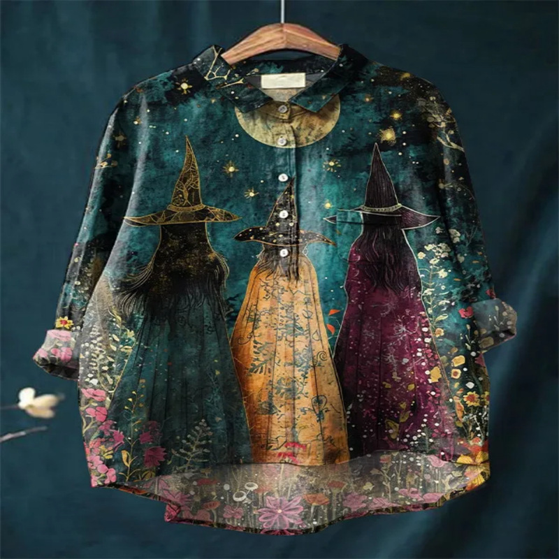 Halloween Cute Witch Digital Print Women's Casual Cotton and Linen Long Sleeve Casual Loose Shirt Halloween Cute Witch Digital Print Women's Casual Cotton and Linen Long Sleeve Casual Loose Shirt