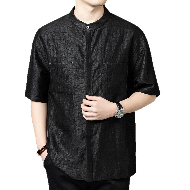 Áo sơ mi nam tay ngắn cổ đứng chất liệu tơ tằm 100% họa tiết Hương Vân Sa — Da đen 26070