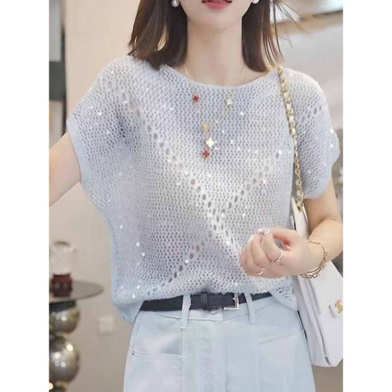 Summer New Style Loose and Lazy Style Women's Versatile Sequined Hollow-Out Knitted Short-Sleeved T-Shirt Round Neck Top Summer New Style Loose and Lazy Style Women's Versatile Sequined Hollow-Out Knitted Short-Sleeved T-Shirt Round Neck Top