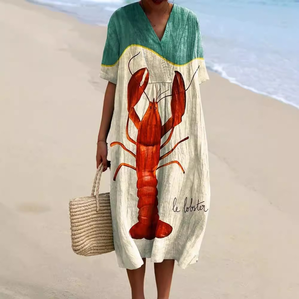 Plus Size Women's Shirt Pocket Short Sleeve Dress Ocean Element Fish Vacation Style Dress_ecoleips.com