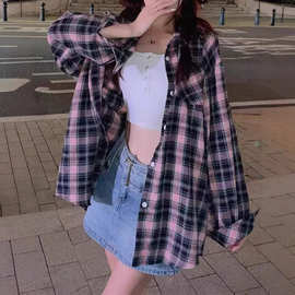 学院风黑粉格子衬衫防晒上衣女2025春夏新款宽松休闲长袖衬衣外套