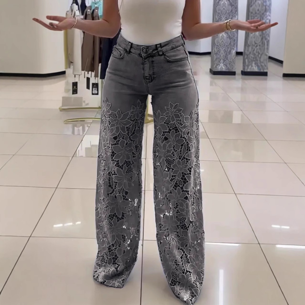 2025 High-Waisted Wide-Leg Pants for Women, Spring and Summer Fashion, Versatile Hollow Lace Splicing Denim Draped Pants