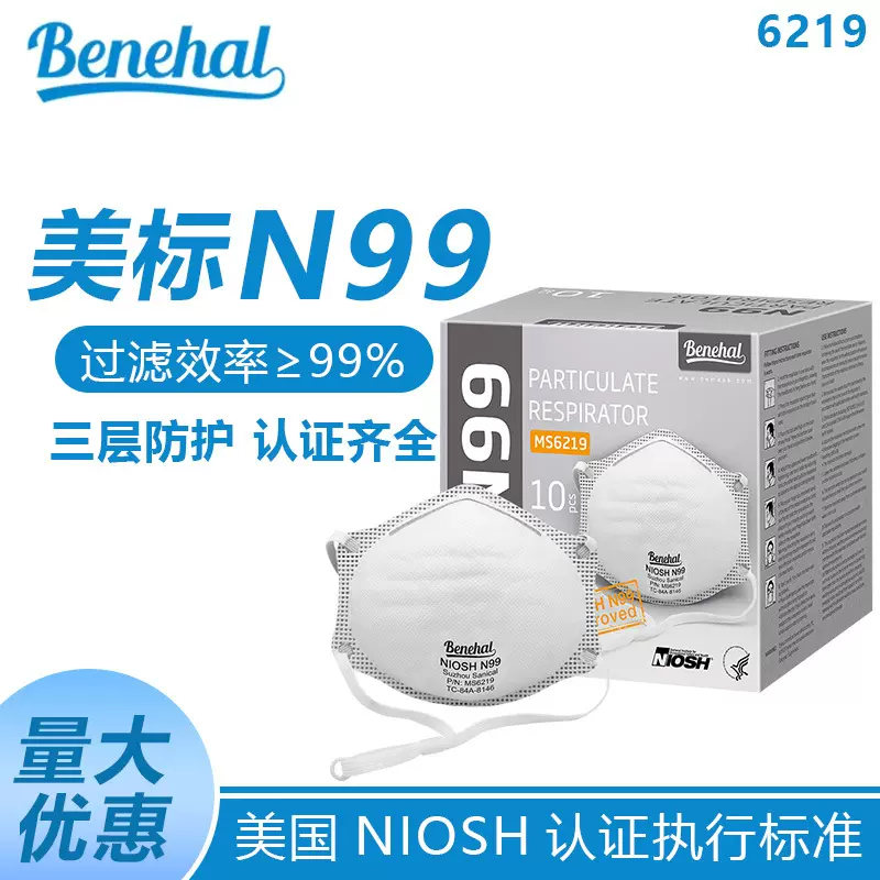 N99头戴式口罩美国标准Niosh工业防尘可调节头戴带乳胶垫Benehal