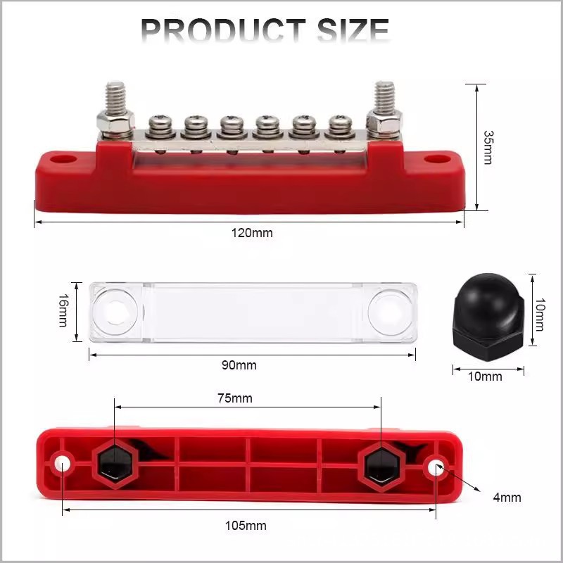 6-way busbar M10/M8/M6 screw terminal for RV and yacht modification wiring