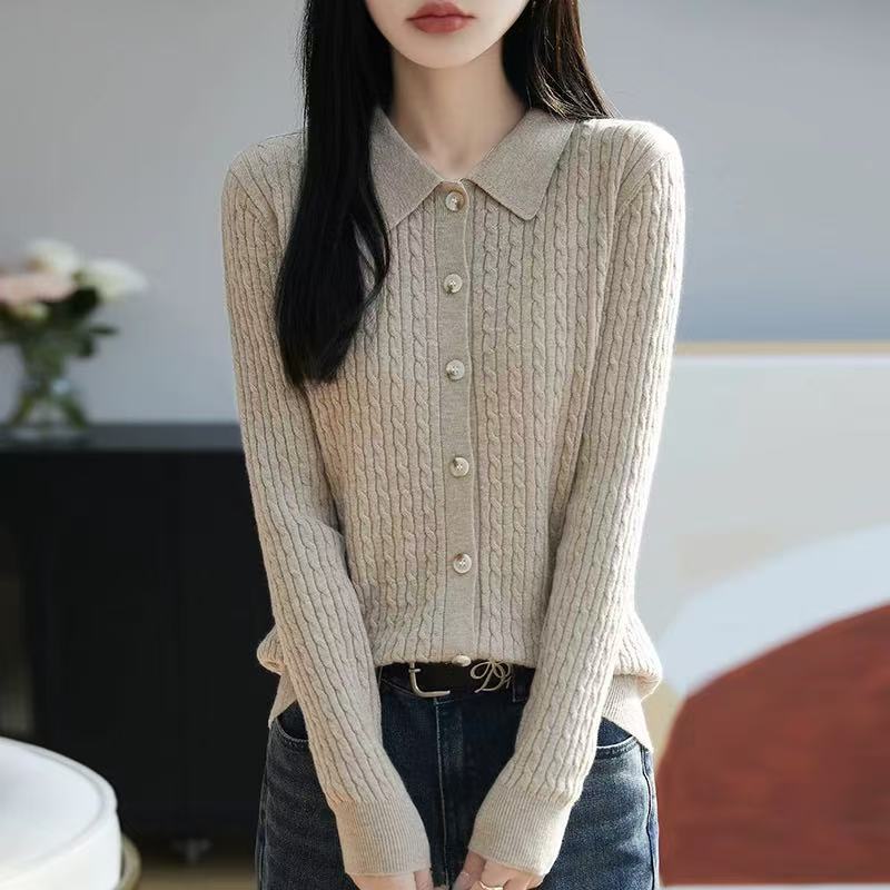 Primavera y otoño Polo cuello de punto de cashmere de color sólido Cardigan de mujer estilo coreano suéter de estilo universal abrigo suelto de torsión con manga larga