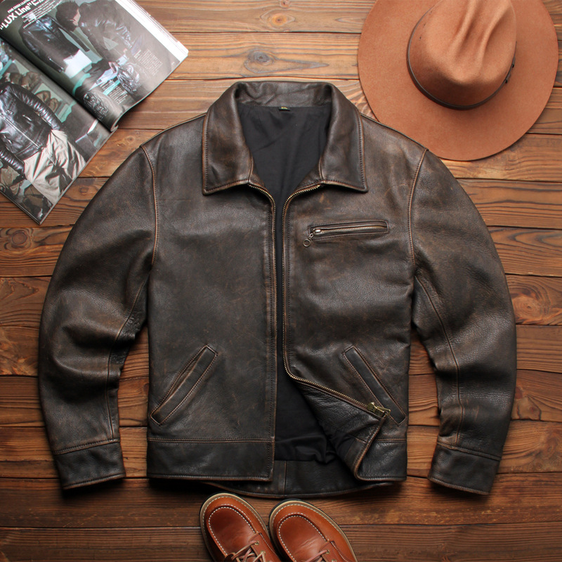 Vintage American Western Genuine Leather Jacket Men's Turn-Down Collar Casual Retro Heavenly Bull Leather Motorcycle Jacket Coat