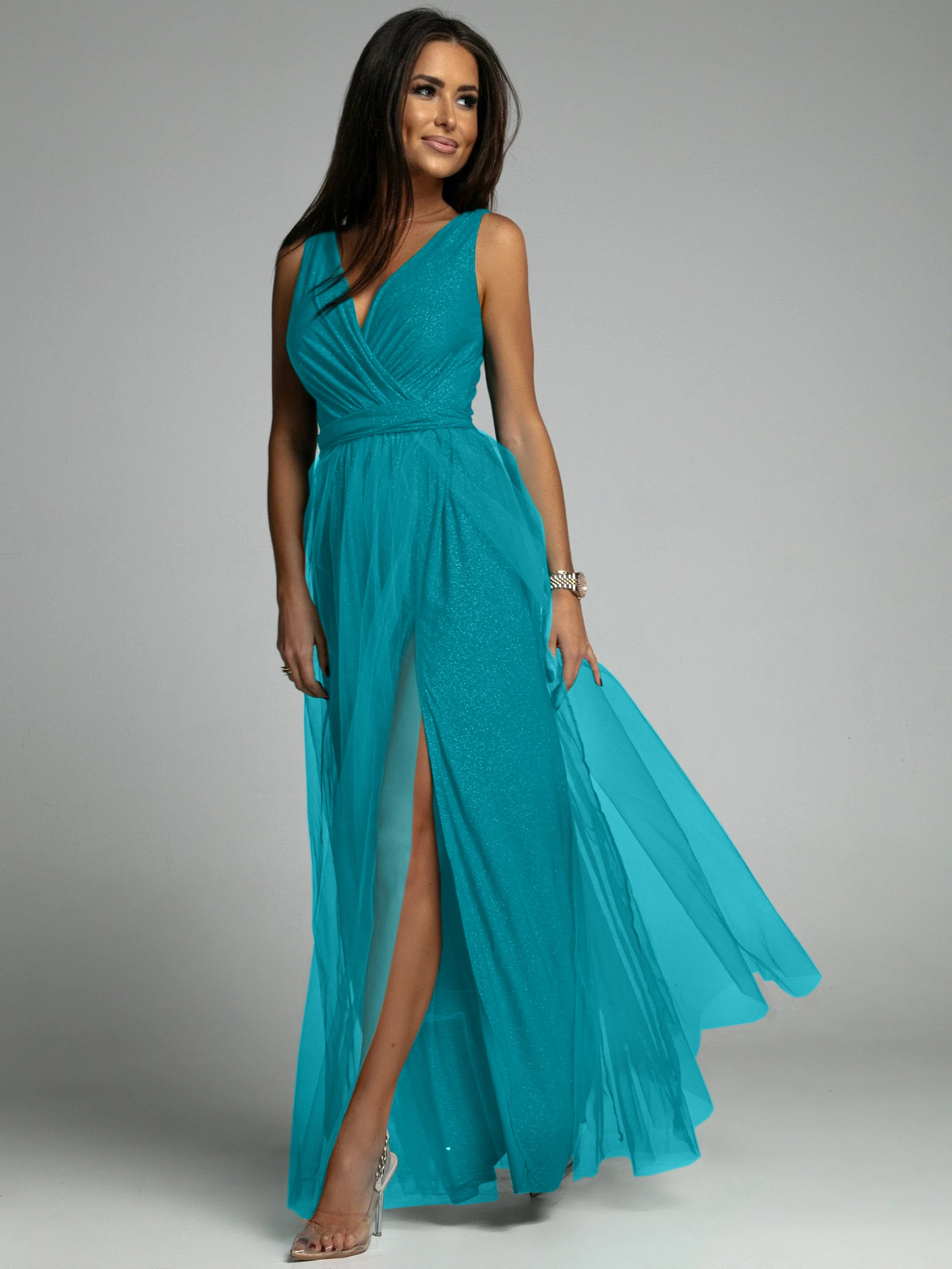 Sexy Solid Color V Neck Sleeveless Slit Spandex Polyester Maxi Long Dress Swing Dress display picture 3