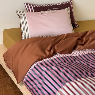 Vintage contrast stripes 50 double cotton satin four-piece cotton skin-friendly simple four-season bedding