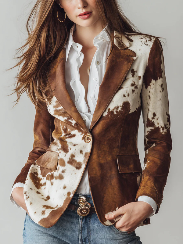 European and American Women's Fashion: Unique Suede Print Long-Sleeve Jacket with Single-Breasted Design, Stylish Blazer