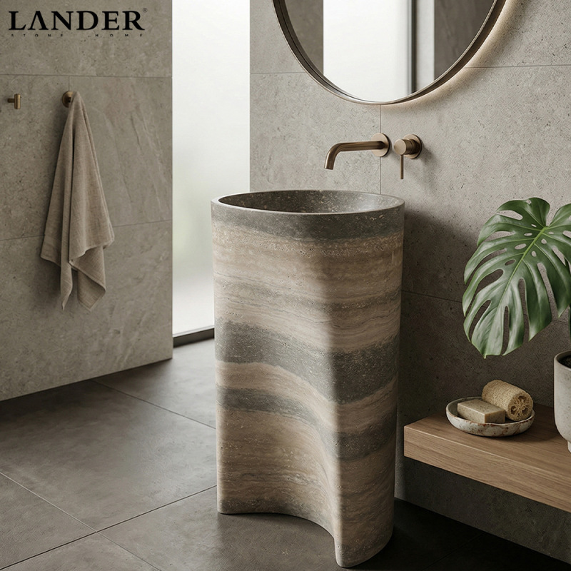 Italian Silver-Gray Column Basin with Unique Design, Vintage Ins-Style Retro Wabi-Sabi Bathroom Decor