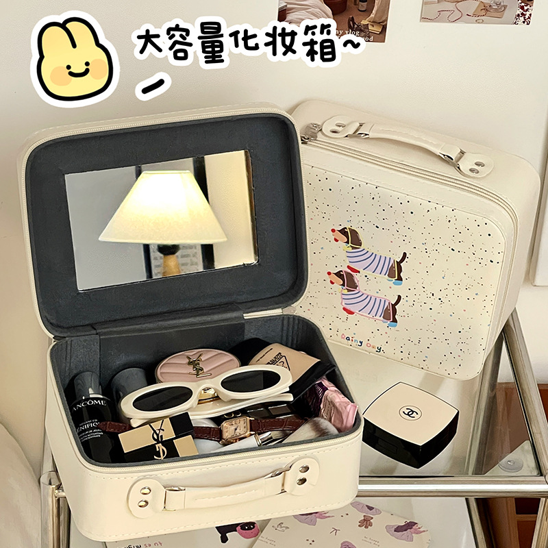 Bolsa de cosméticos original con espejo, caja de cosméticos portátil portátil de gran capacidad, bolsa de almacenamiento de viaje linda, bolsa de lavado impermeable