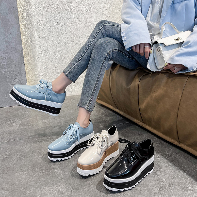 欧美厚底松糕鞋女秋冬流行新款系带方头漆皮深口单鞋高跟鞋坡跟鞋