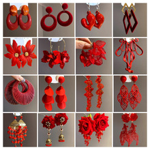 欧美复古红色花朵树叶流苏耳环轻奢高级感耳钉时尚夸张气质耳饰女