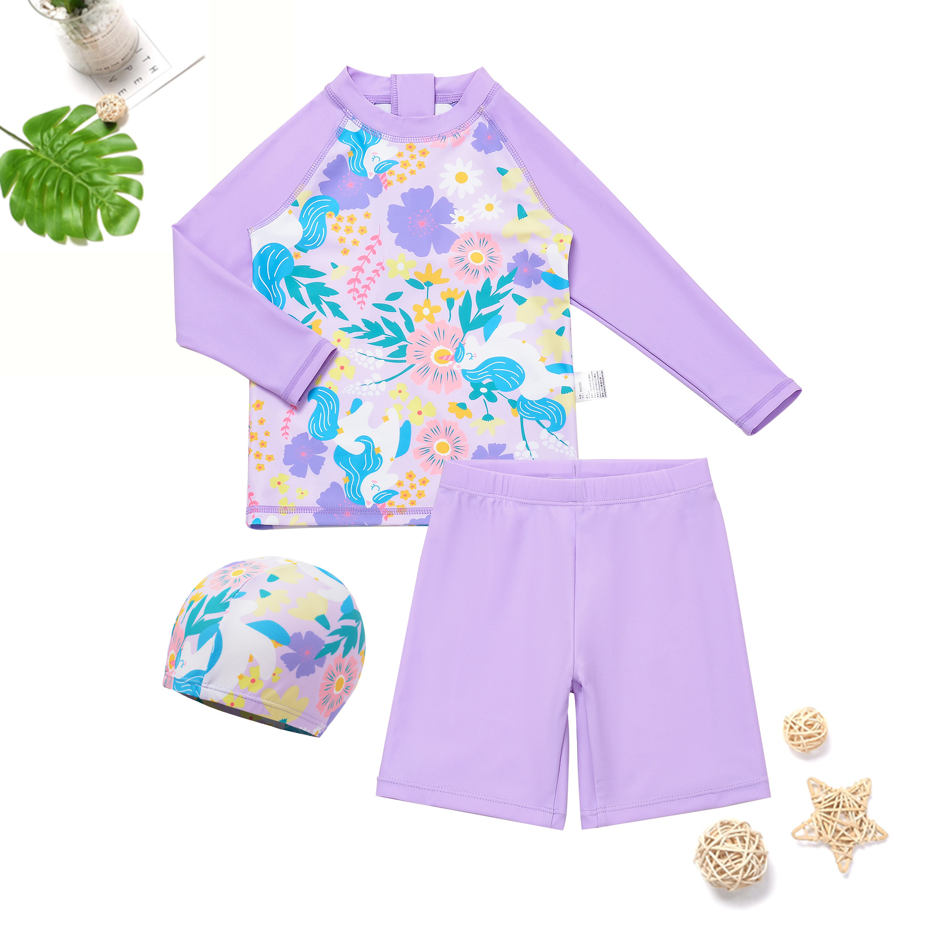 Children's Swimsuit Split Swimming Trunks for Girls, Small and Medium-Sized Children, Long-Sleeved Sunscreen Wisteria Flower Girls, Quick-Drying Summer Swimwear