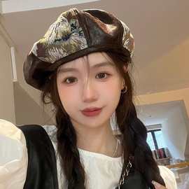 设计师款小狗提花PU皮质拼接贝雷帽子女秋冬潮复古英伦画家南瓜帽