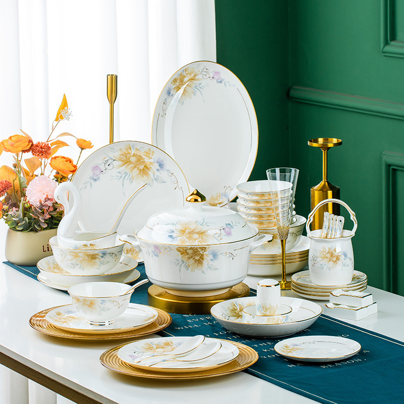 High-End Bone China Bowls and Plates European Style Luxury Light Scenery Dezhen Ceramic Tableware Set Household Dishes Housewarming Gifts Wholesale