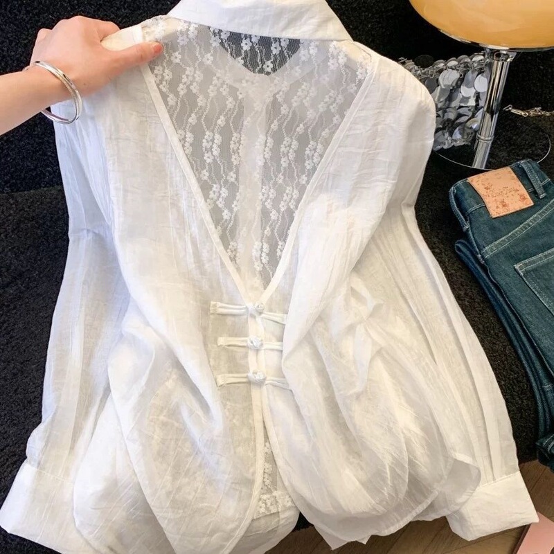 New Chinese-Style Design, Beautiful Sun-Protective Shirt for Women, Summer Thin Style, Lace Splicing Backless Shirt Jacket New Chinese-Style Design, Beautiful Sun-Protective Shirt for Women, Summer Thin Style, Lace Splicing Backless Shirt Jacket