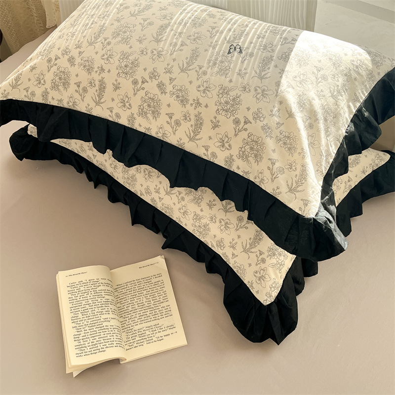 Ensemble quatre pièces en dentelle 100% coton style bohème vintage nordique français, housse de couette et drap en pur coton frais style coréen, parure de lit simple à motif floral vintage_voghion.com