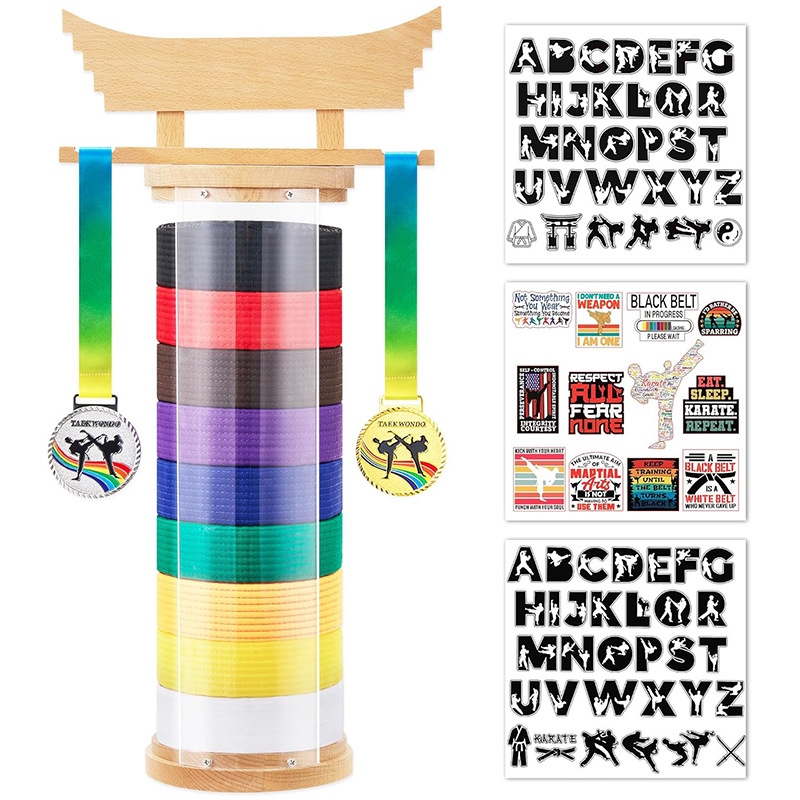 New Wooden Taekwondo Belt Rack Multi-Grid Karate Belt Storage Rack Wall-Mounted Trophy Medal Display Rack
