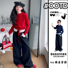 女童春秋花边毛衣套装2025新款韩版中大童时尚设计宽松针织两件套