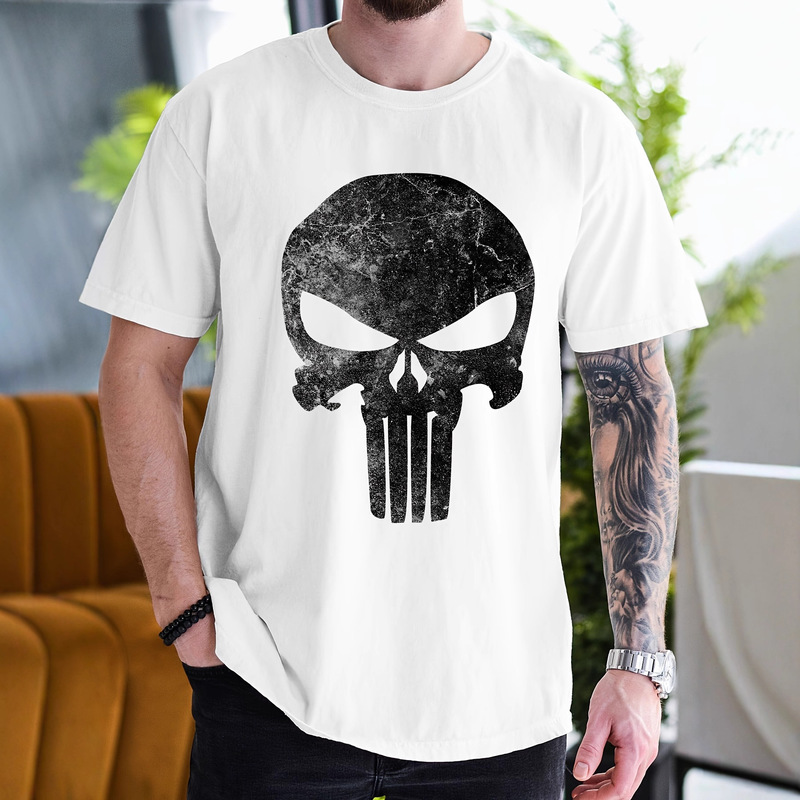 Comic Punisher Skull Logo Shabby Printed T-Shirt Men's Halloween Funny Round Neck T-Shirt Clothes Plus Size Comic Punisher Skull Logo Shabby Printed T-Shirt Men's Halloween Funny Round Neck T-Shirt Clothes Plus Size
