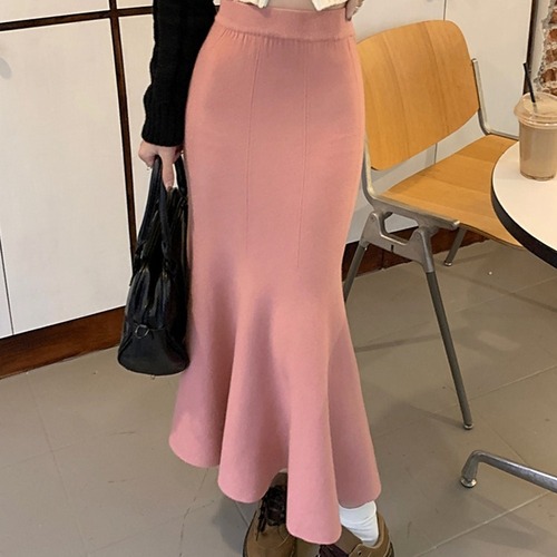 Spring and Autumn Thickened Knitted Skirt Women's Mid-Length Slim Fit Covering Hips 24 New A-Line Fishtail Wool Skirt