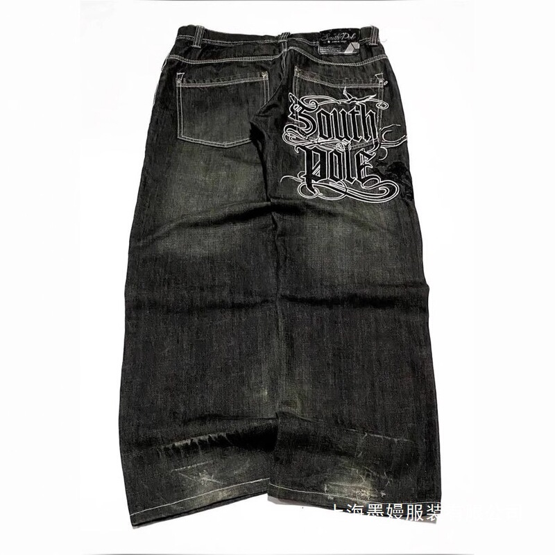 European and American Style Southpole Black and Gray Wide-Leg Letter Print Jeans for Men Y2K Street Fashion Dark Long Pants Wholesale