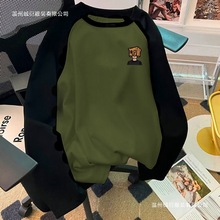 美式重磅德绒插肩打底衫男款秋冬季宽松加绒加厚拼色保暖长袖T恤