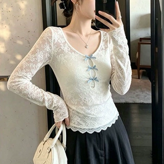 性感蕾丝蝴蝶结花边桃心领长袖t恤女春秋内搭打底衫上衣批发跨境