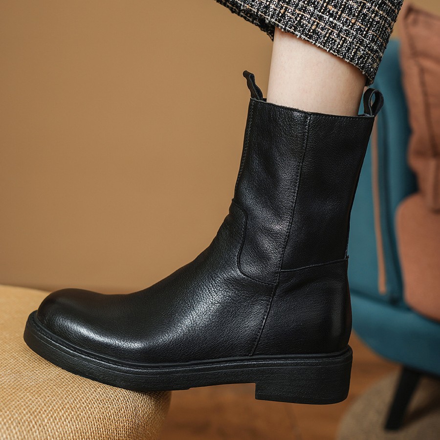 经典黑色全皮中筒女靴平跟显瘦骑士靴秋冬季加绒保暖侧拉链短靴