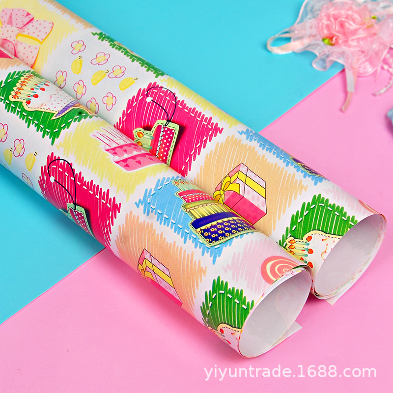 Papel de regalo de cumpleaños de Ventas de Fábrica al por mayor de dibujos animados pastel globo niños vacaciones rosa azul papel de regalo