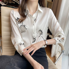 2021春装新款小衫女洋气时尚减龄高贵印花真丝桑蚕丝女士衬衫上衣