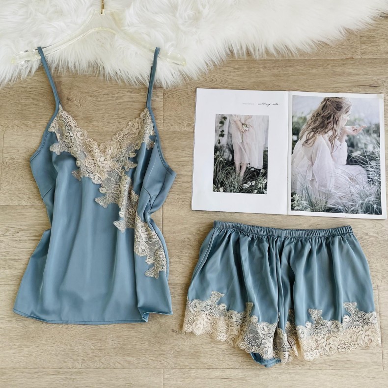 2022 new strap pajamas women's summer ice silk shorts suit lace sexy backless sexy home wear thin