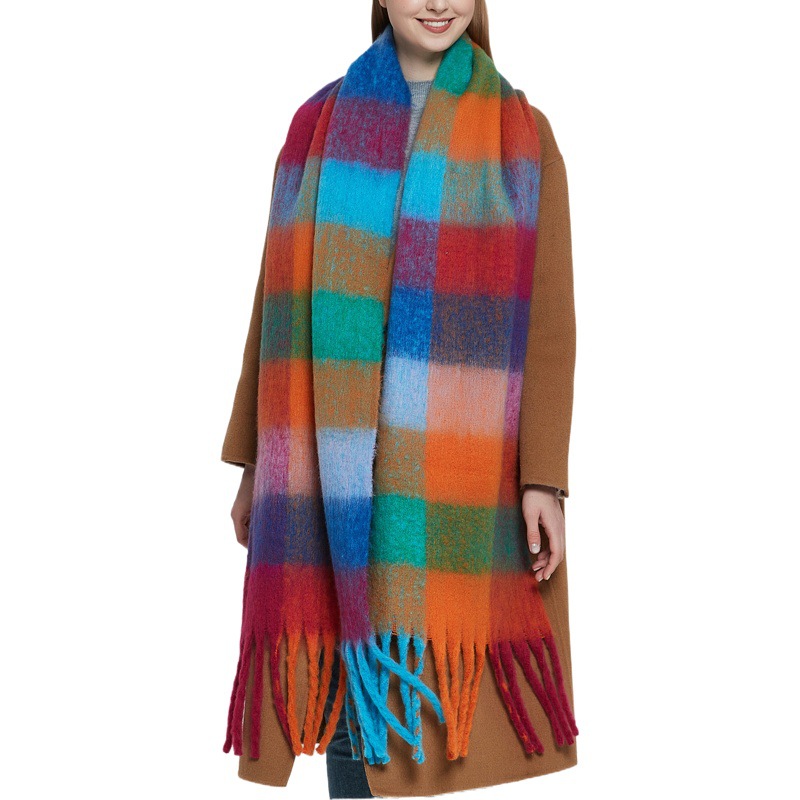 New Autumn and Winter Thickened Loop Yarn Shawl, Imitation Mohair Plush Rainbow Plaid Scarf, In-Stock Factory Direct