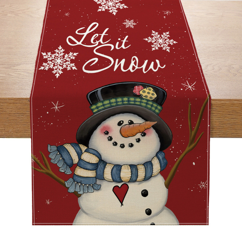 Camino de mesa navideño con estampado de muñeco de nieve y Santa
