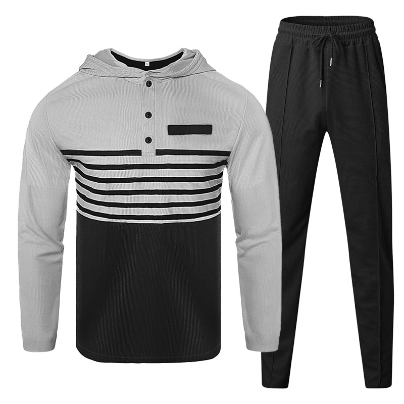"Men's Waffle-Knit Hoodie & Jogger Set - Striped Casual Loungewear (S-3XL)"_voghion.com
